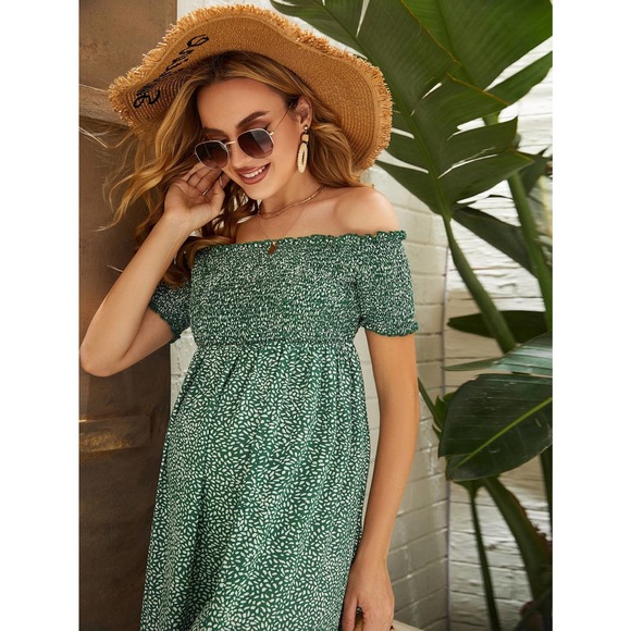 MATERNITY floral Print Off Shoulder Shirred Split Thigh midi Dress green - Picture 5 of 5